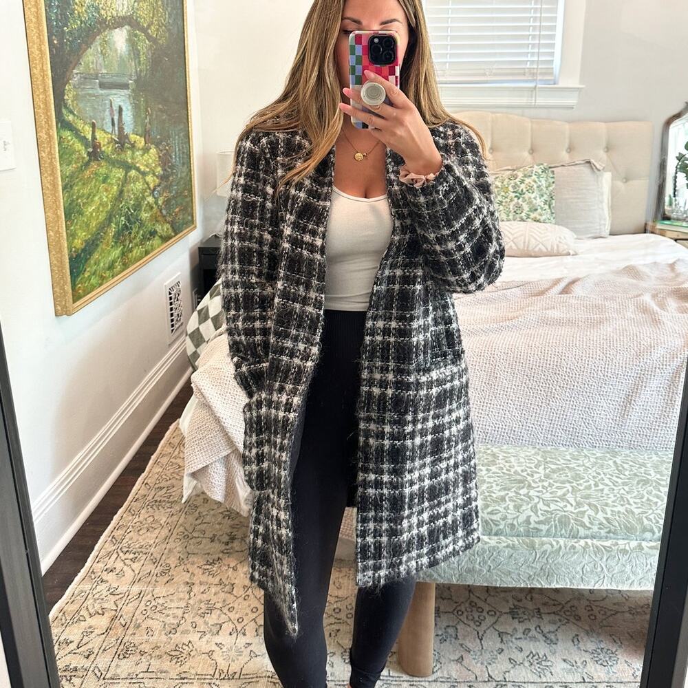 IRO Black Plaid Mohair Wool Blend Coat 36
